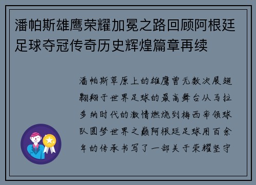潘帕斯雄鹰荣耀加冕之路回顾阿根廷足球夺冠传奇历史辉煌篇章再续